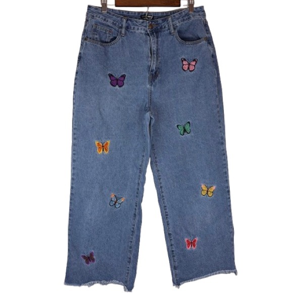 Fashion Nova Denim - Fashion Nova Butterfly Embroidered Wide Leg Jeans Size 13 Raw Hem Cotton Boho